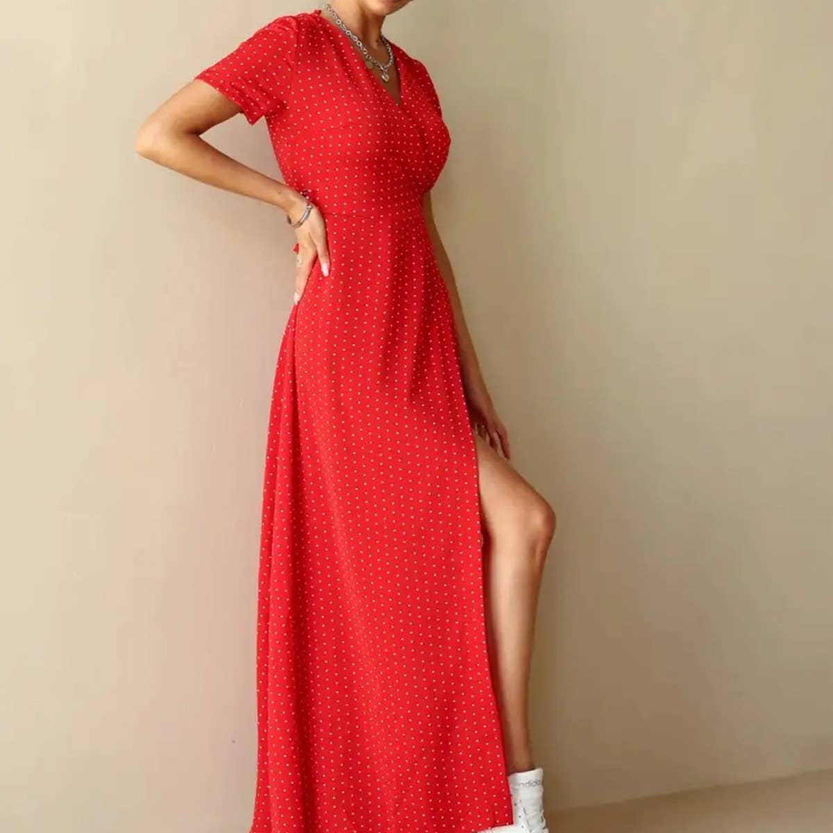 V-neck lace-up slim polka dot casual long dress