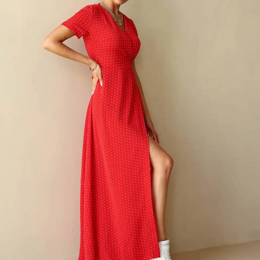 V-neck lace-up slim polka dot casual long dress