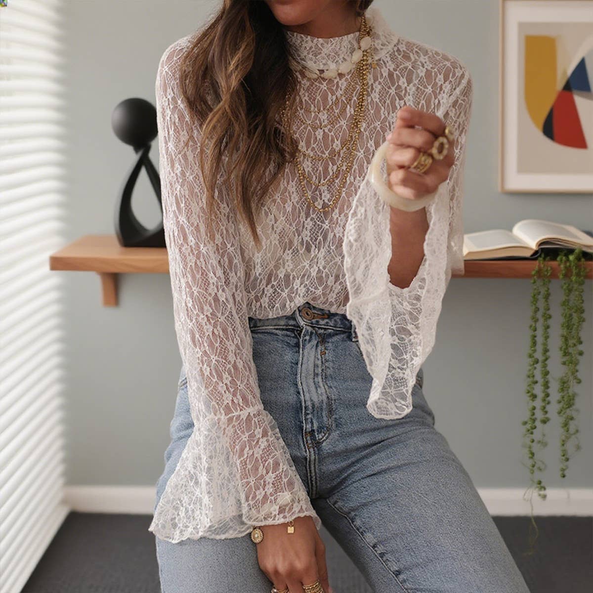 Hollowed-out semi-high-neck lace top