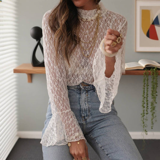 Hollowed-out semi-high-neck lace top