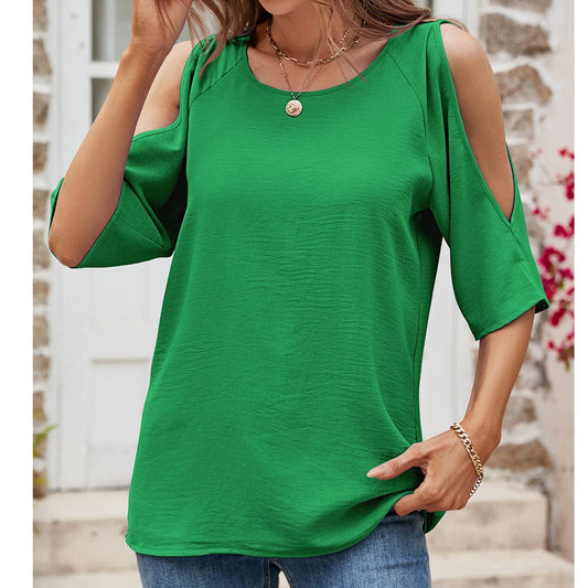 Solid color round neck off-the-shoulder T-shirt