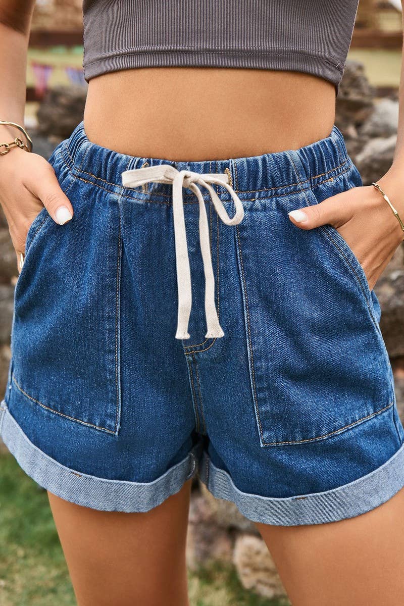 CWJS00039_ELASTIC WAIST CASUAL ROLLED-UP DENIM SHORTS