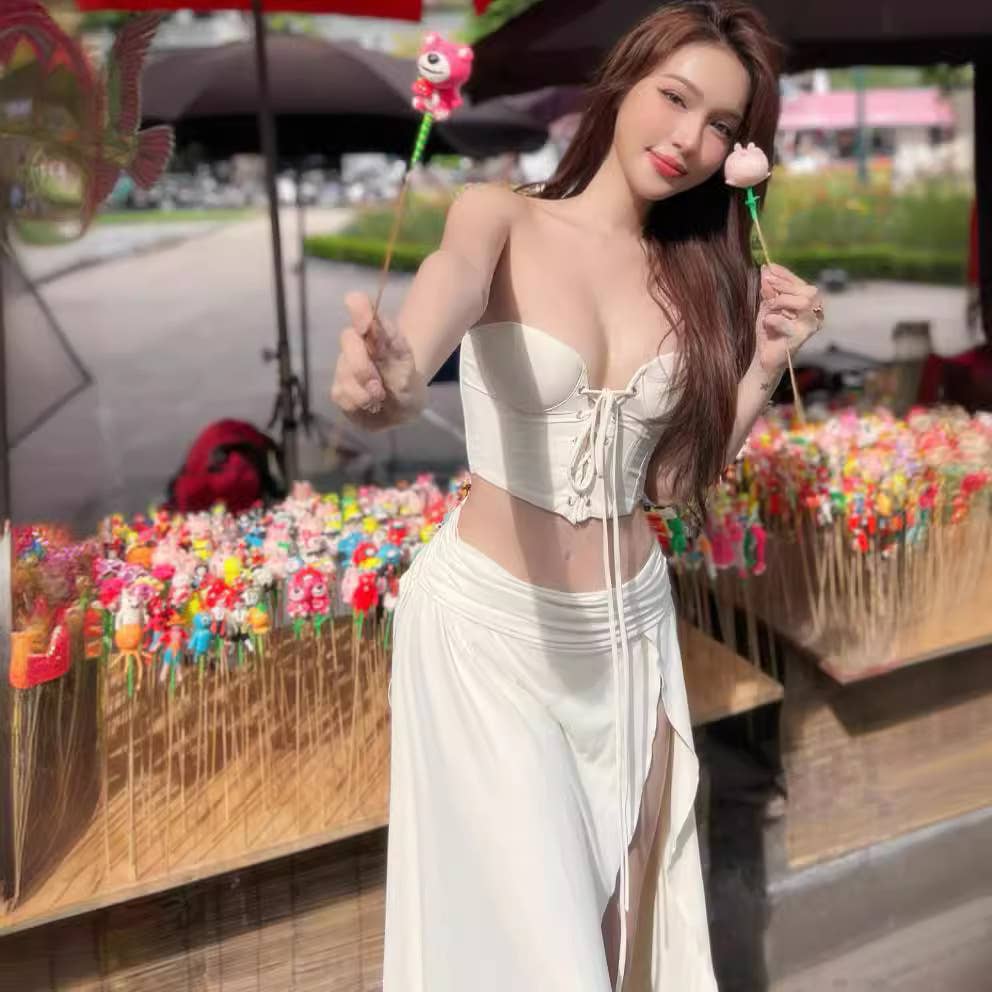 Ruched tube top and low waist slit skirt set