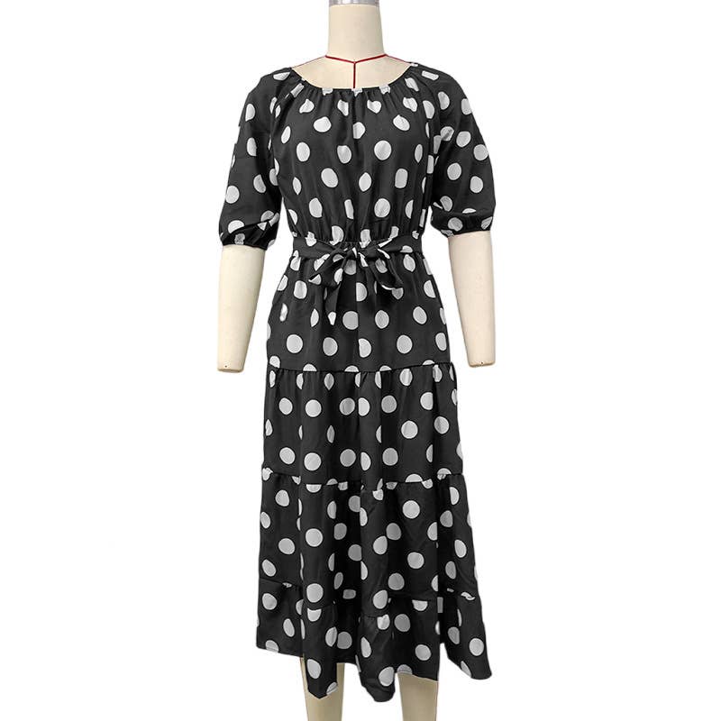 Lace-up polka-dot pleated short-sleeved dress