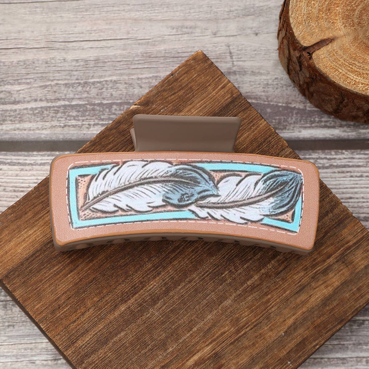 Western Cactus Feather Floral Print Hair Claw