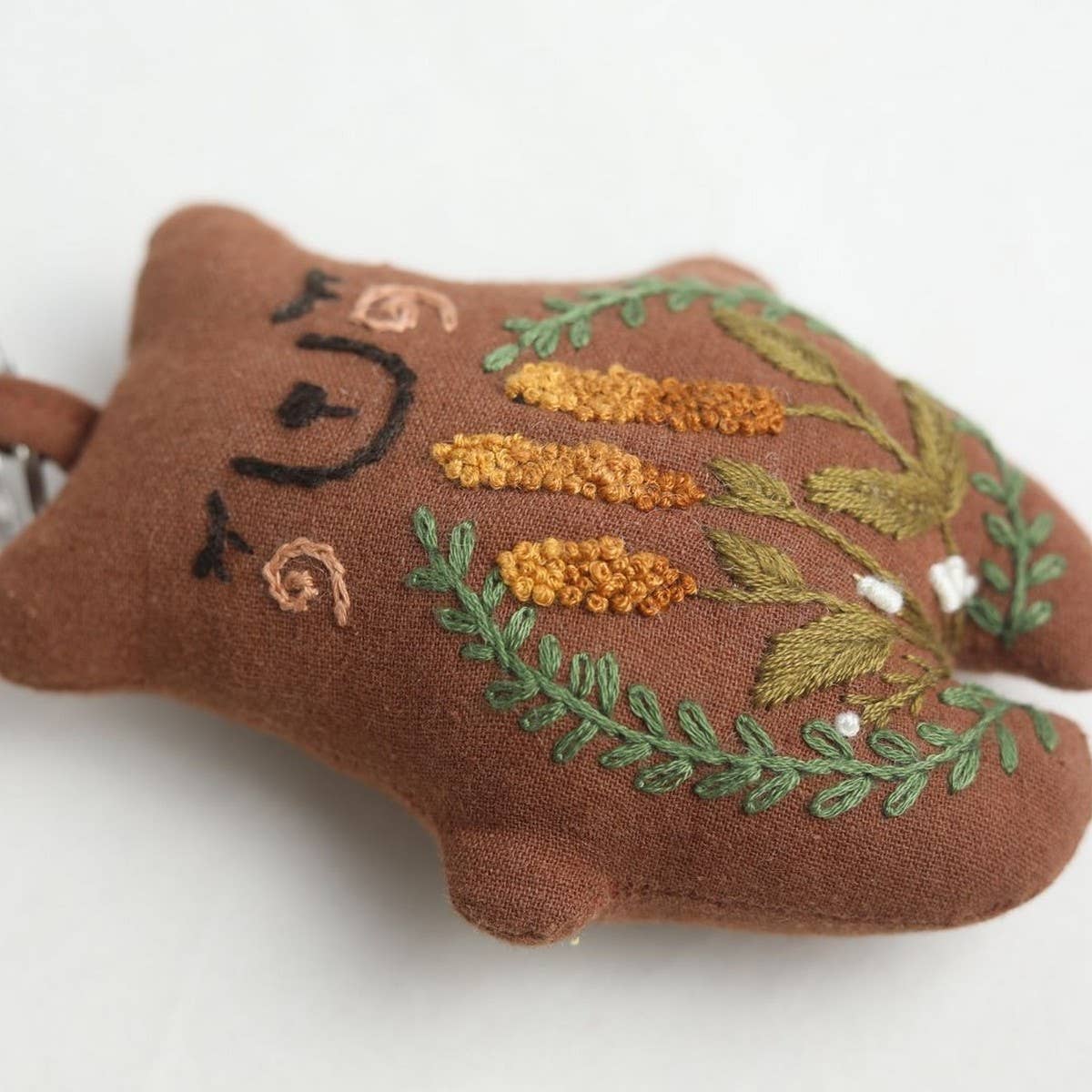 Hand-Embroidered Wheat Flower Bear Plush Charm