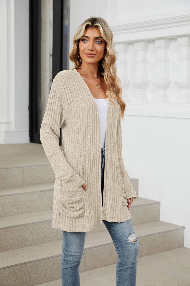 CWOCAL1881_SOLID COLOR POCKET LONG SLEEVE KNIT CARDIGAN