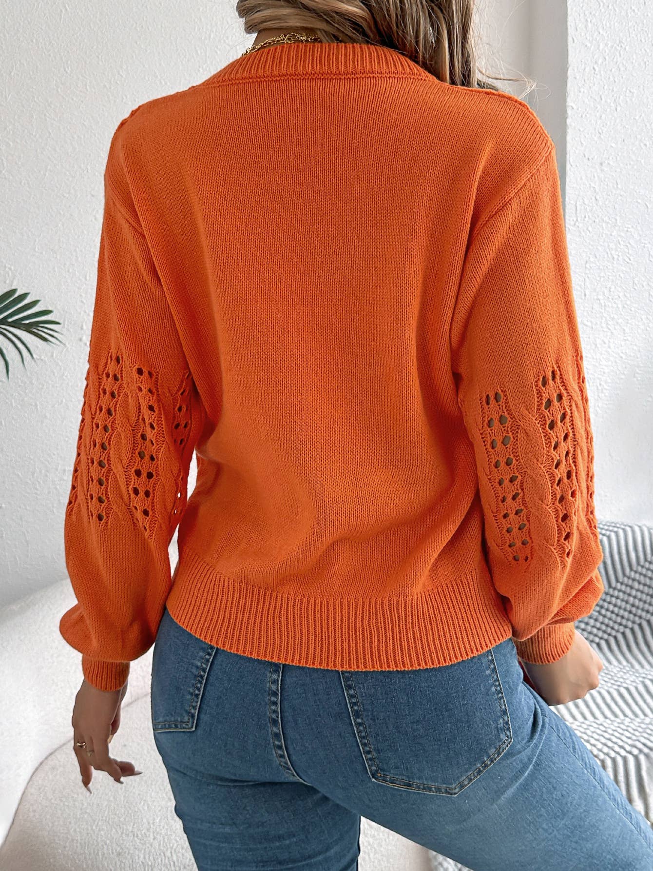 SOLID COLOR HOLLOW-OUT LANTERN SLEEVE SWEATER