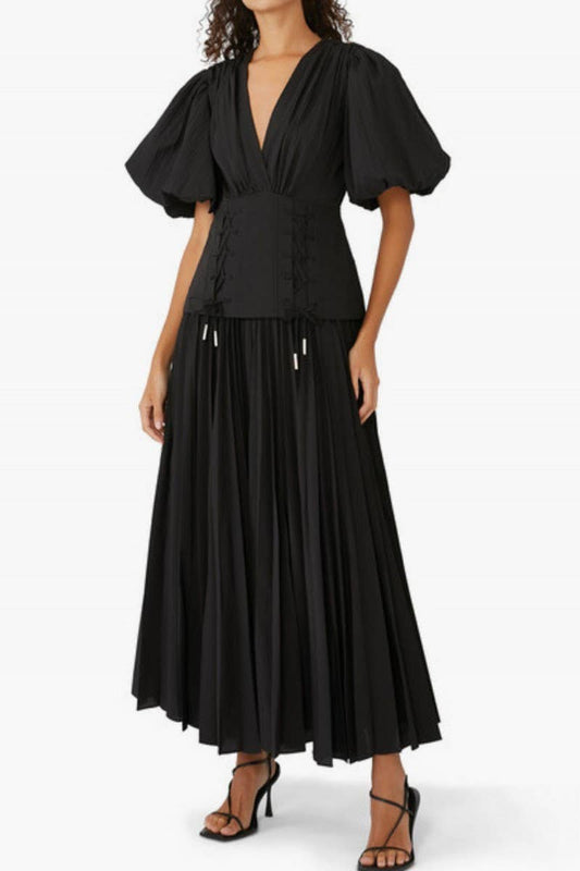 CWDMD5728_CASUAL SOLID COLOR V-NECK LACE-UP DRESS