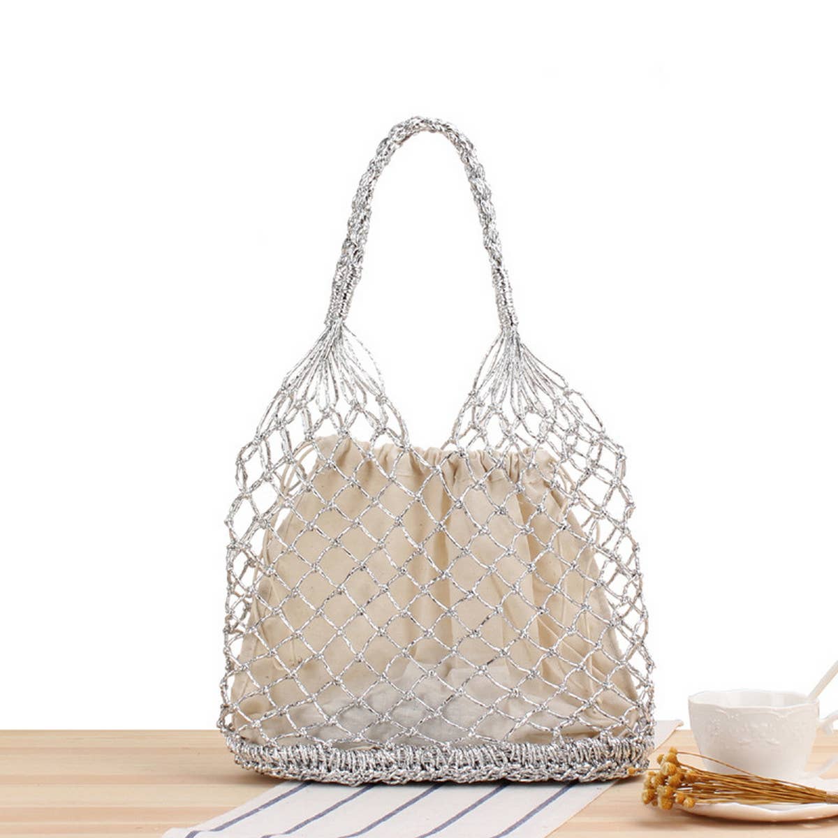 GOLD AND SILVER THREAD HANDMADE CROCHET BAG_CWAB2097
