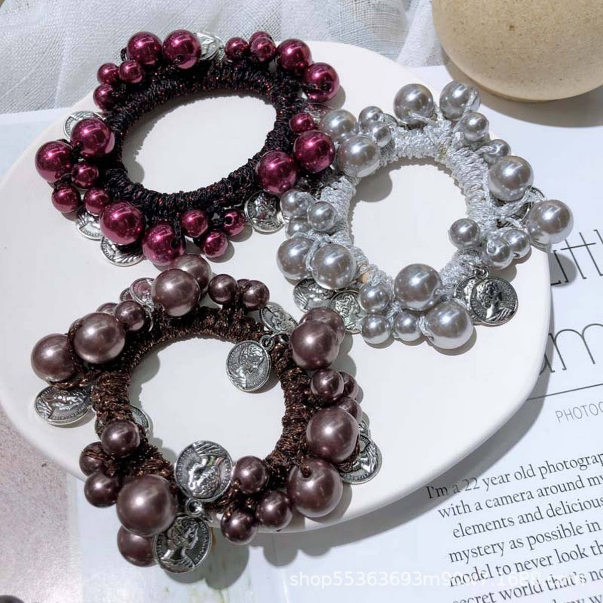 Beaded Hair Tie with Metal Pendant Pearl Band_CWAHA6876