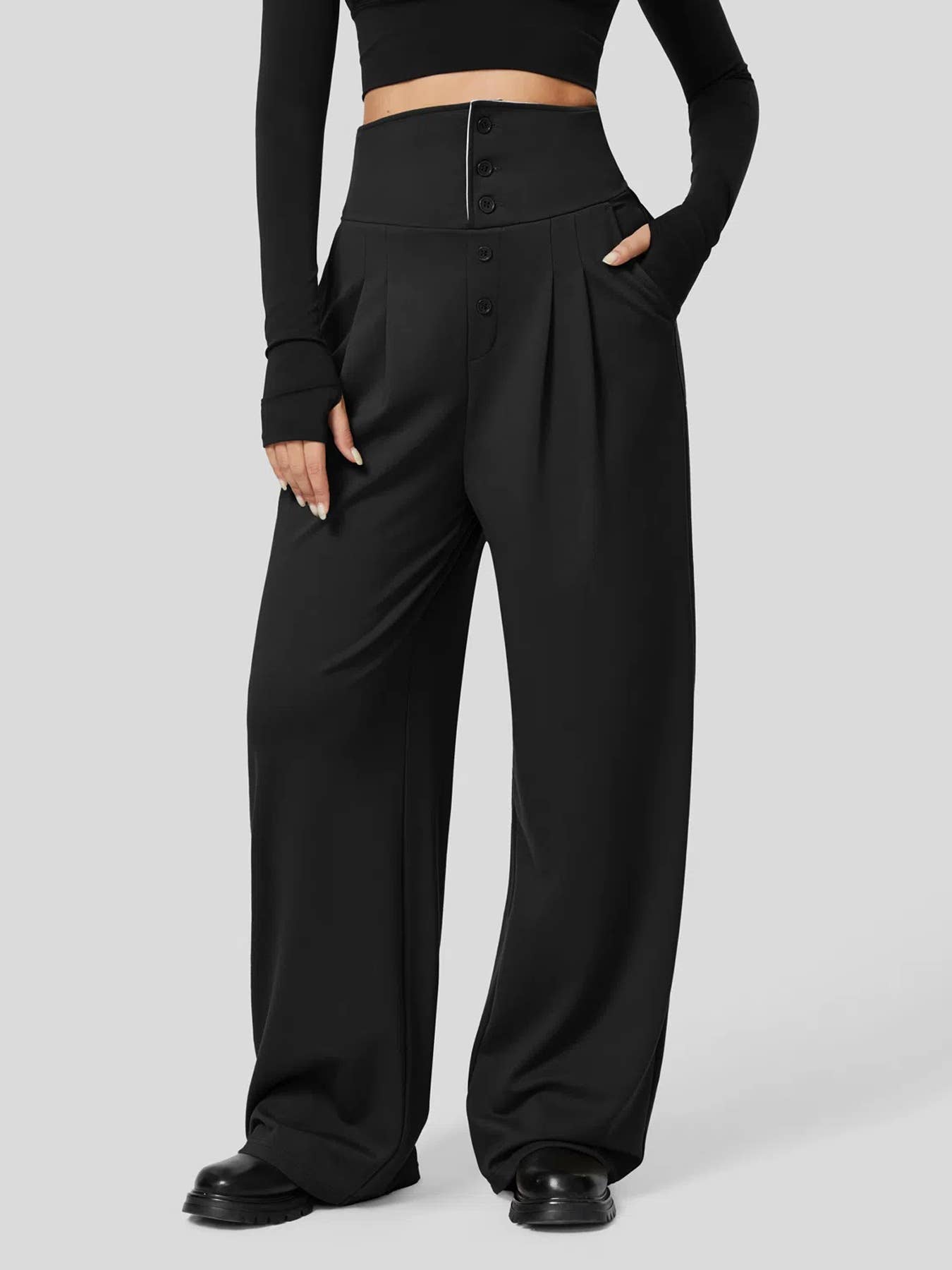 CASUAL PANTS BUTTON-FRONT HIGH-WAISTED STRAIGHT-LEG PANTS