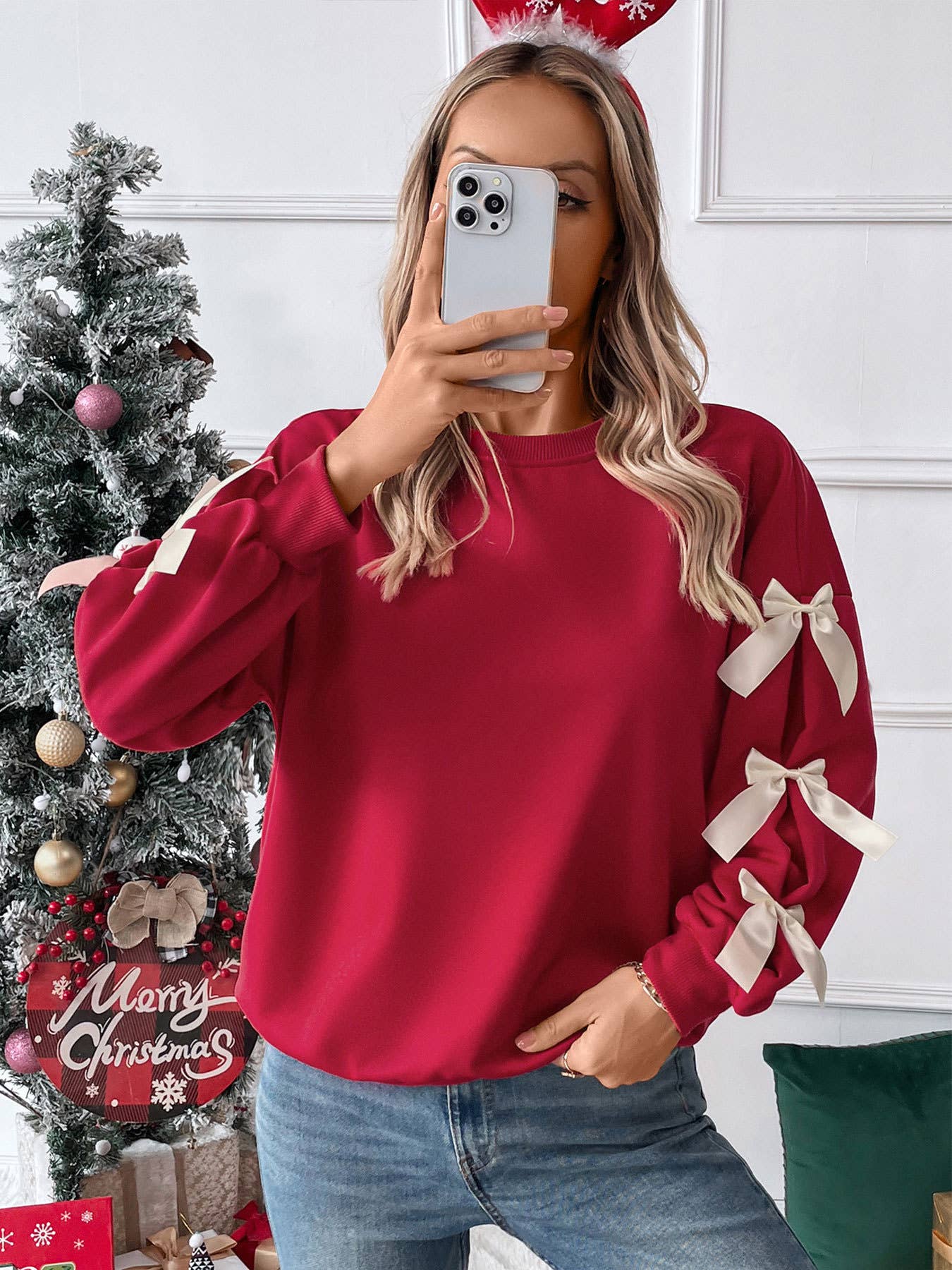 Solid color round neck bow embellish lace pullover hoodie