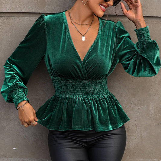 LONG SLEEVE SOLID COLOR VELVET V-NECK SHIRT