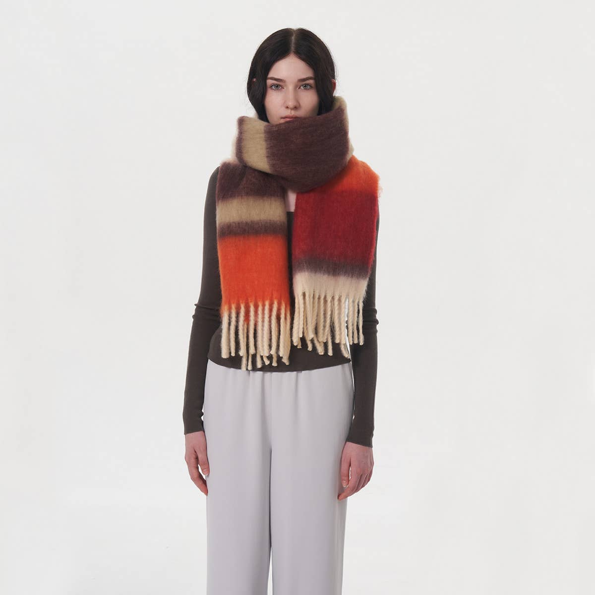 WOMEN CONTRASTING STRIPED FRINGED PLAID SCARF