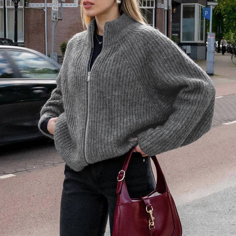 SOLID COLOR LAPEL DOUBLE ZIP LAPEL SWEATER COAT