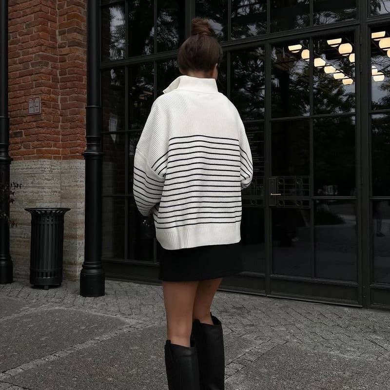 Simple striped lapel half-zipper sweater