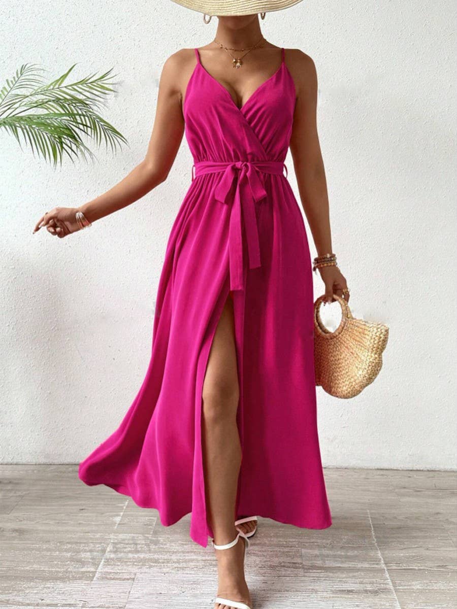 Solid color pleated halter dress drawstring waist