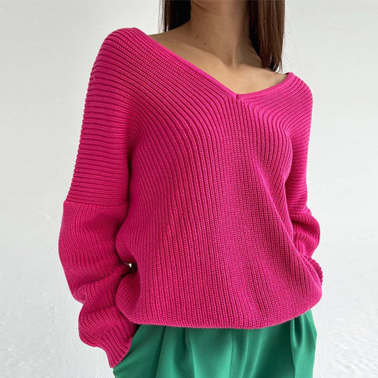 SLOUCHY SOLID COLOR V-NECK PULLOVER SWEATER LADY