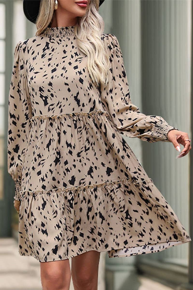 CWDSD6519_CHOKER LONG SLEEVE LEOPARD PRINT WAIST DRESS
