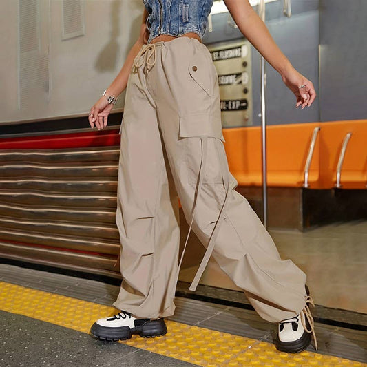 Low-rise drawstring streamers cargo pants