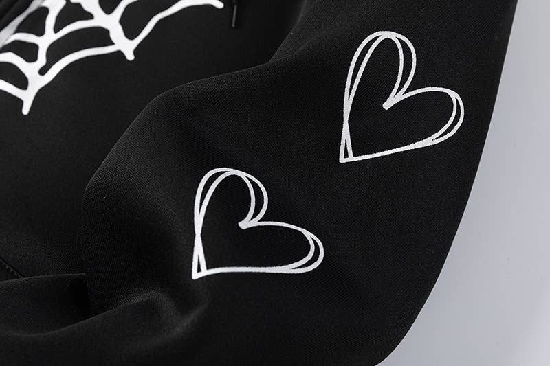 SPIDER WEB HEART ZIPPER FLEECE HOODED CARDIGAN