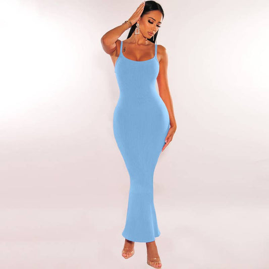 Sexy slim drop pit strip long halter dress