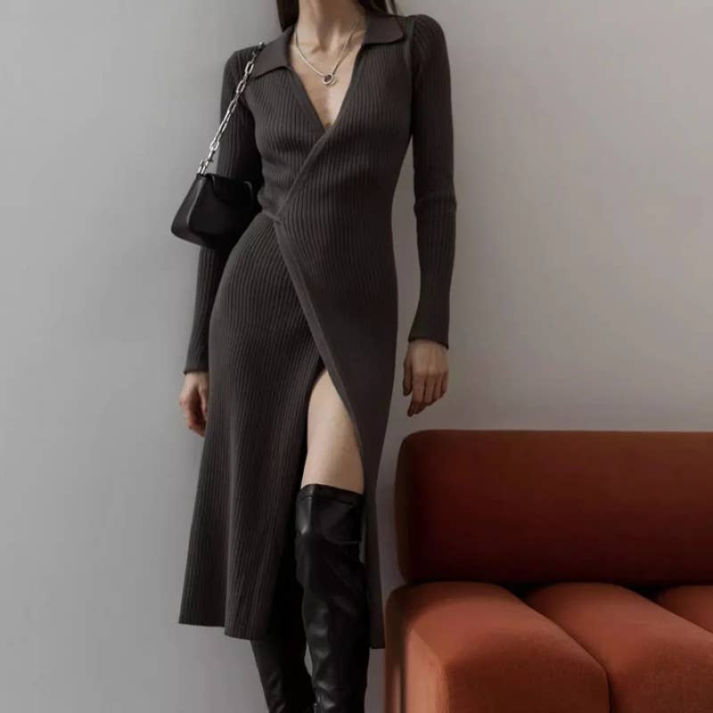 LACE-UP ONE-PIECE LONG-SLEEVED POLO NECK DRESS