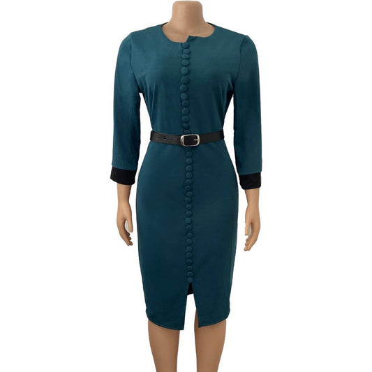 CONTRAST COLOR BUTTONED SLIT OVERSIZED DRESS