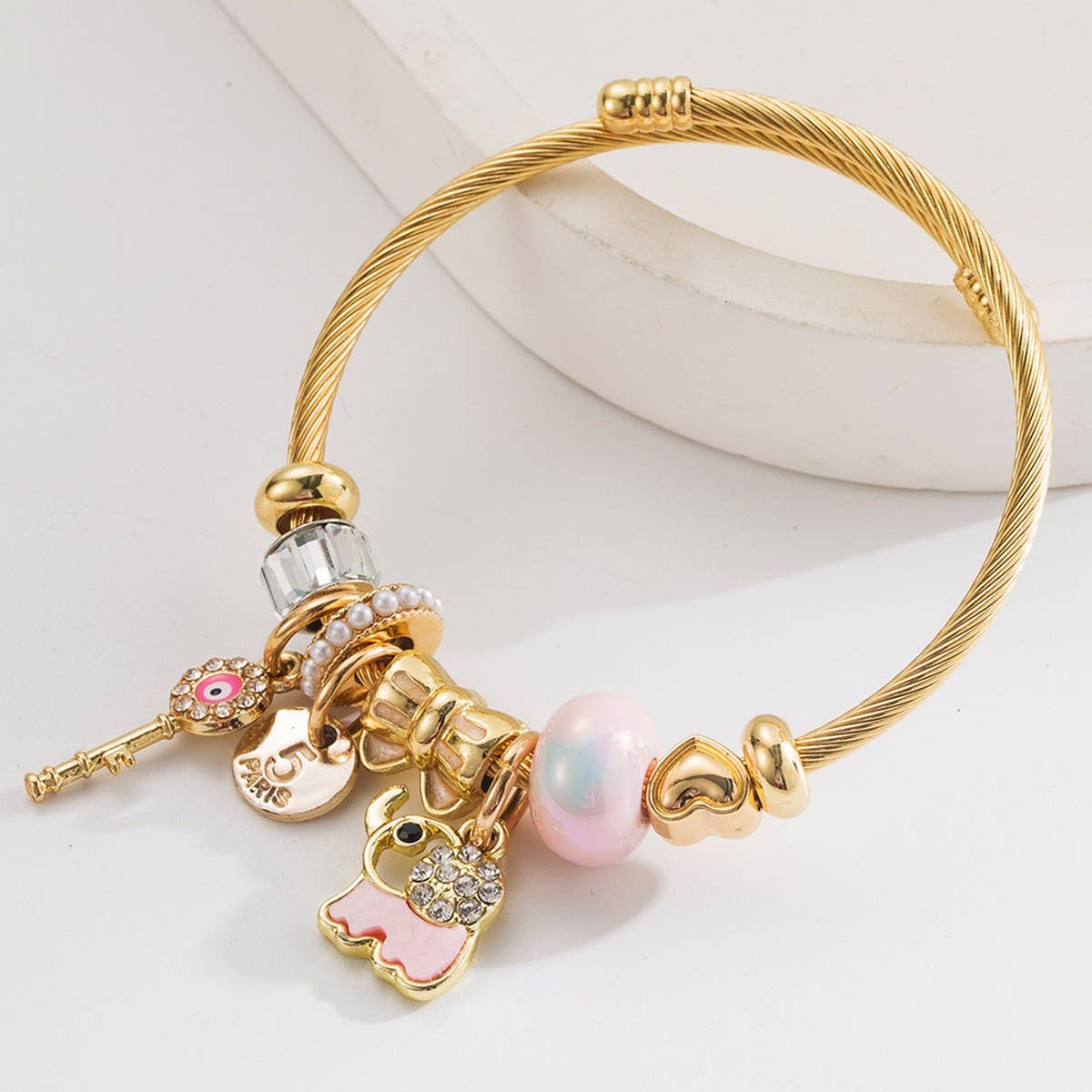 Trendy Elephant Key Letter Beaded Steel Bracelet