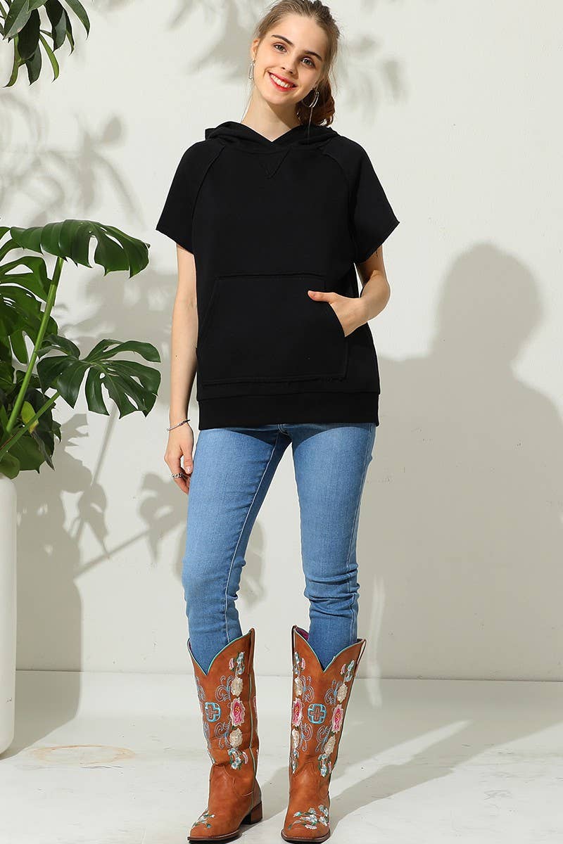 CWOHOS010_SHORT SLEEVE HOODIE SWEATSHIRT KANGAROO POCKET