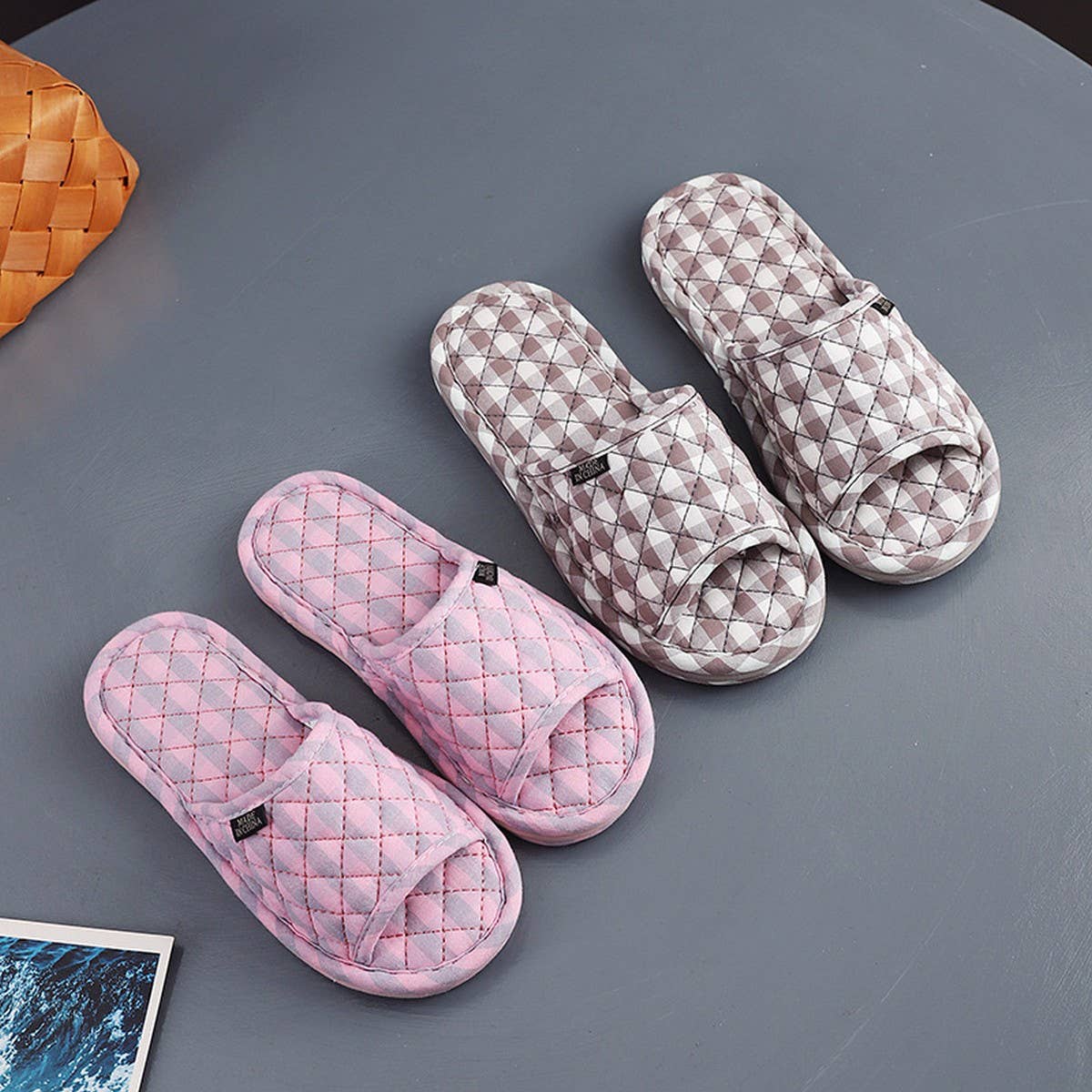 Plaid Cotton Floor Slippers with Thick Fabric Sole_CWSHF0191