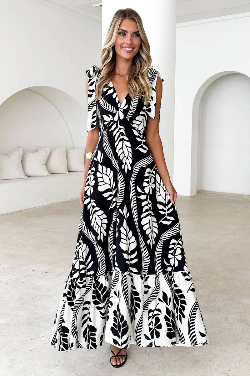 CWDMD5219_TIE-BACK V-NECK SLEEVELESS FLORAL MAXI DRESS