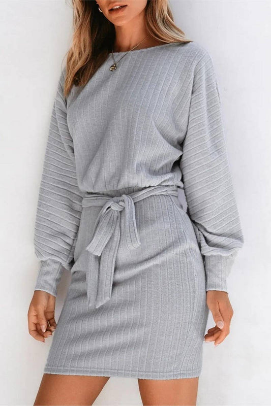 CWDSD10860_BELTED RIBBED KNIT LONG SLEEVE DRESS