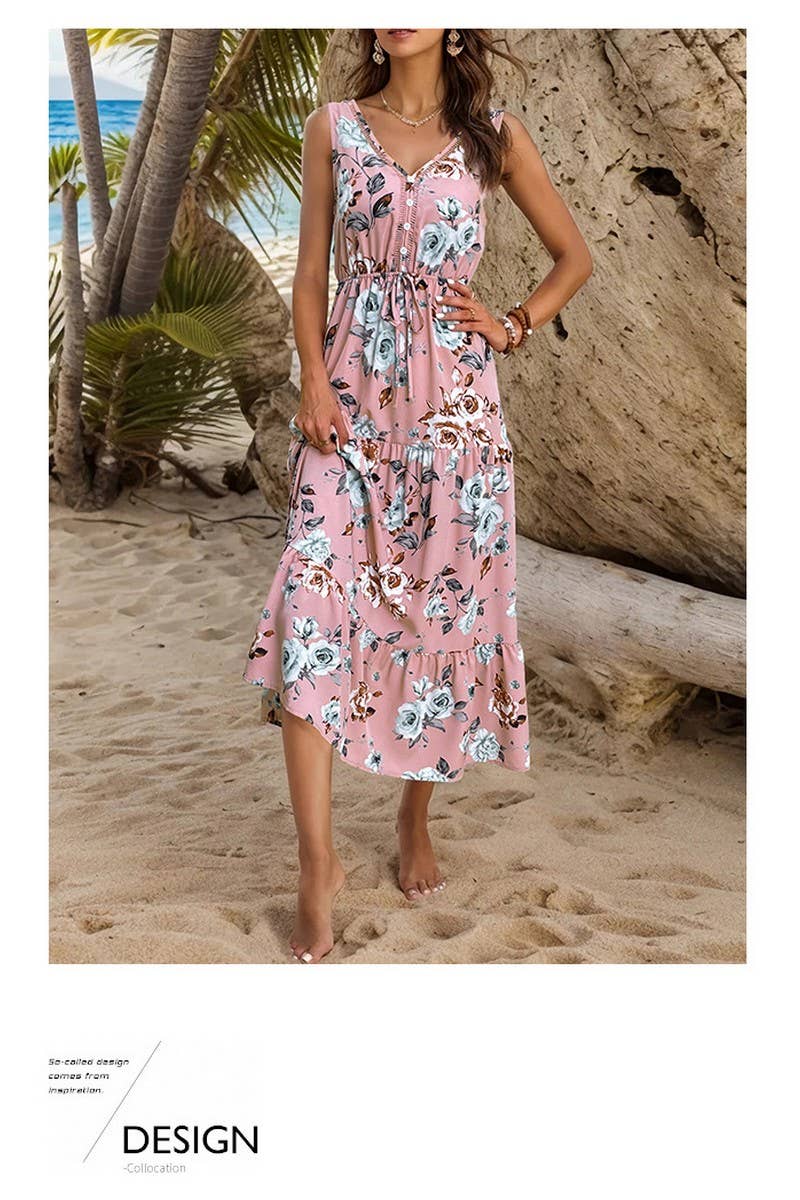 CWDMD1872_V-NECK SLEEVELESS LAYERED PRINT MIDI DRESS