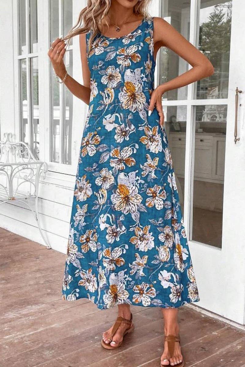CWDMD5872_SLEEVELESS FLORAL PRINT ROUND NECK A-LINE DRESS