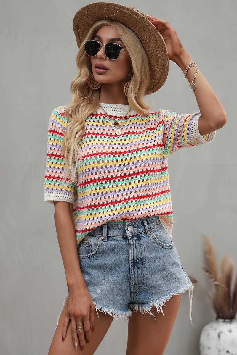 Cwtts0736_Crochet Short Sleeve Pullover Sweater