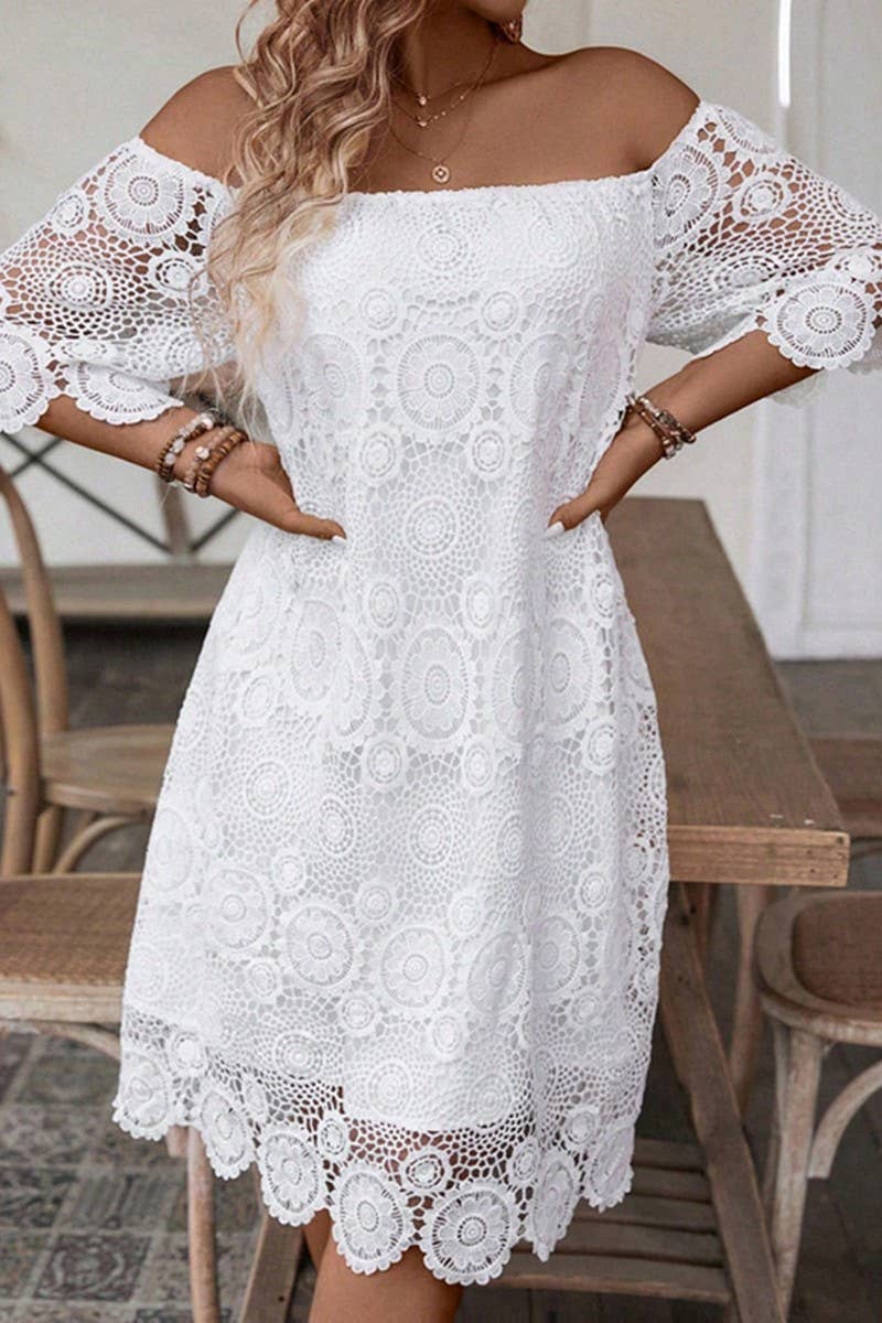 CWDSD10529_SUMMER SOLID COLOR ONE-SHOULDER HOLLOW LACE DRESS