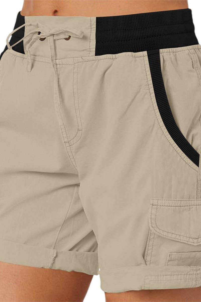 CWBSP0562_RETRO SOLID DRAWSTRING RIBBED UTILITY SHORTS