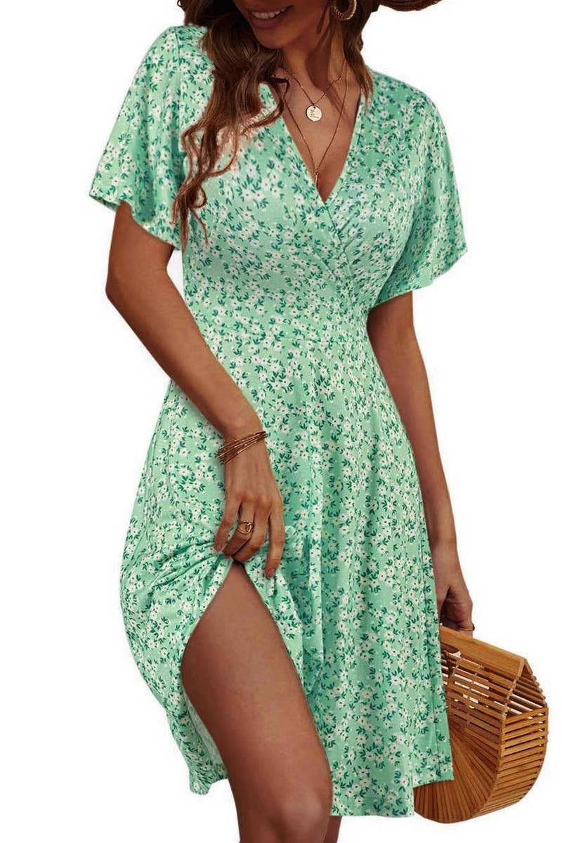 CWDSD10623_SUMMER FLORAL SHORT SLEEVE V-NECK A-LINE DRESS