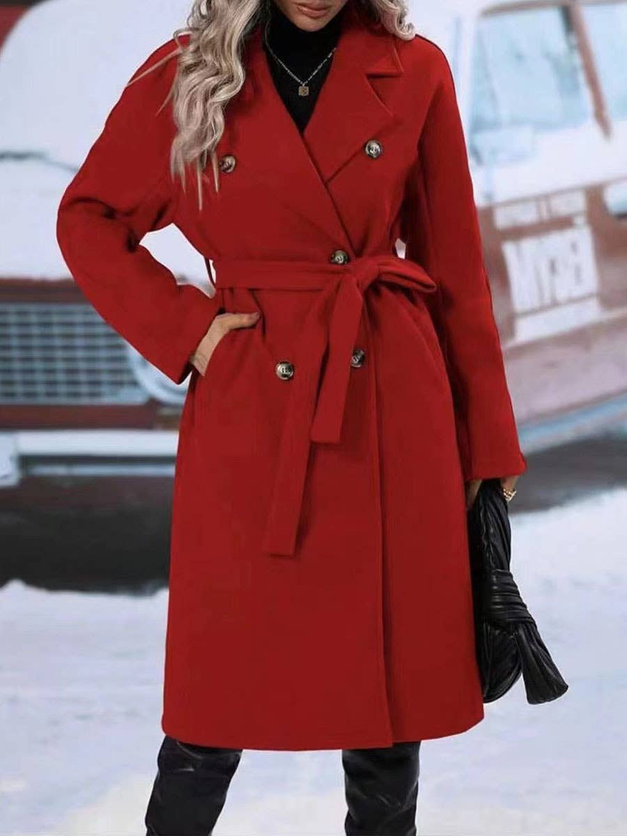 Thickened lapel tie double-breasted longer coat