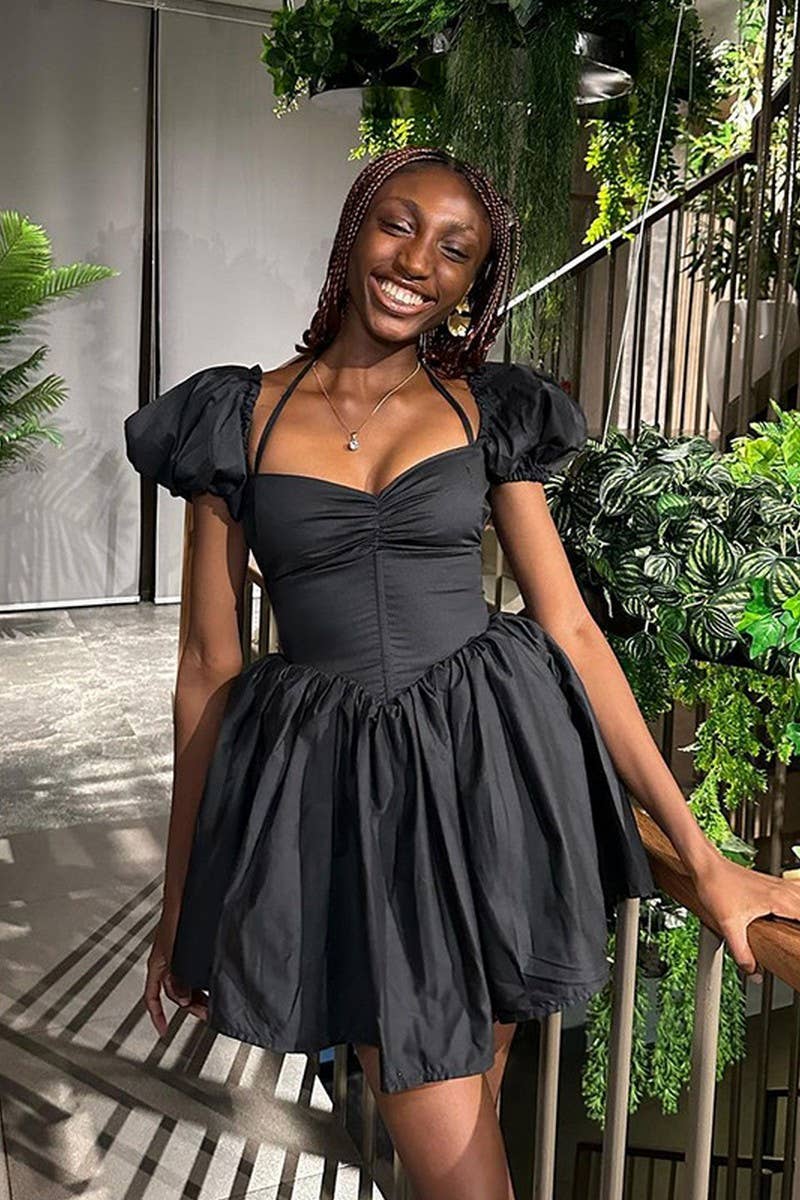 CWDSD6714_OFF-SHOULDER HALTERNECK DRESS WITH PUFF SLEEVES