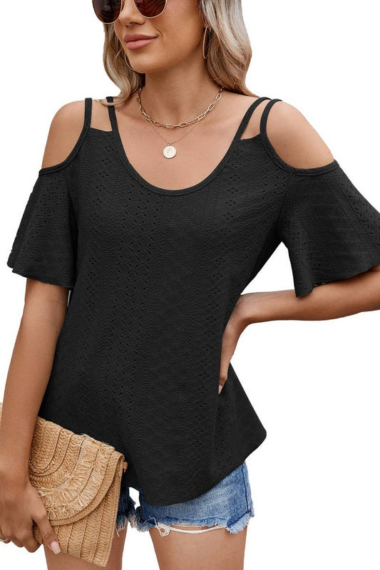 Cwtts1344_Summer Solid Color V-Neck Off-Shoulder T-Shirt