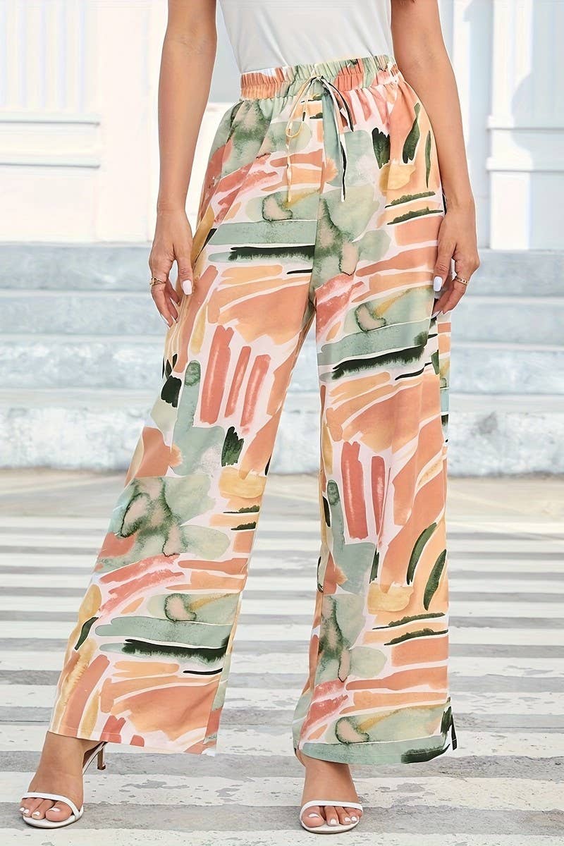 CWBLP1815_SUMMER GRAFFITI PRINT LACE-UP LOOSE TROUSERS