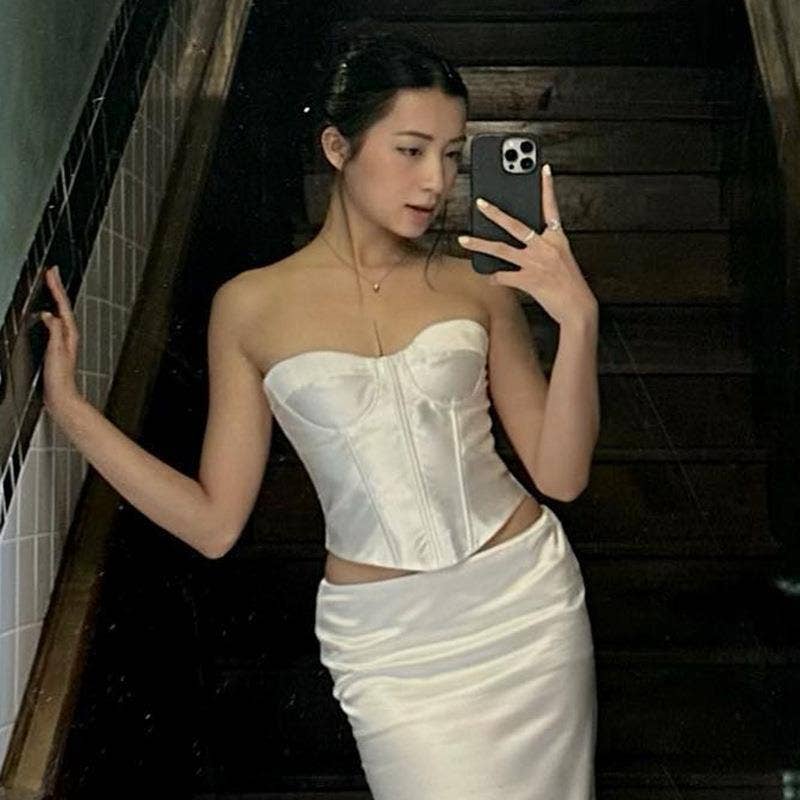 Satin Strapless Waist Cinched Crop Top