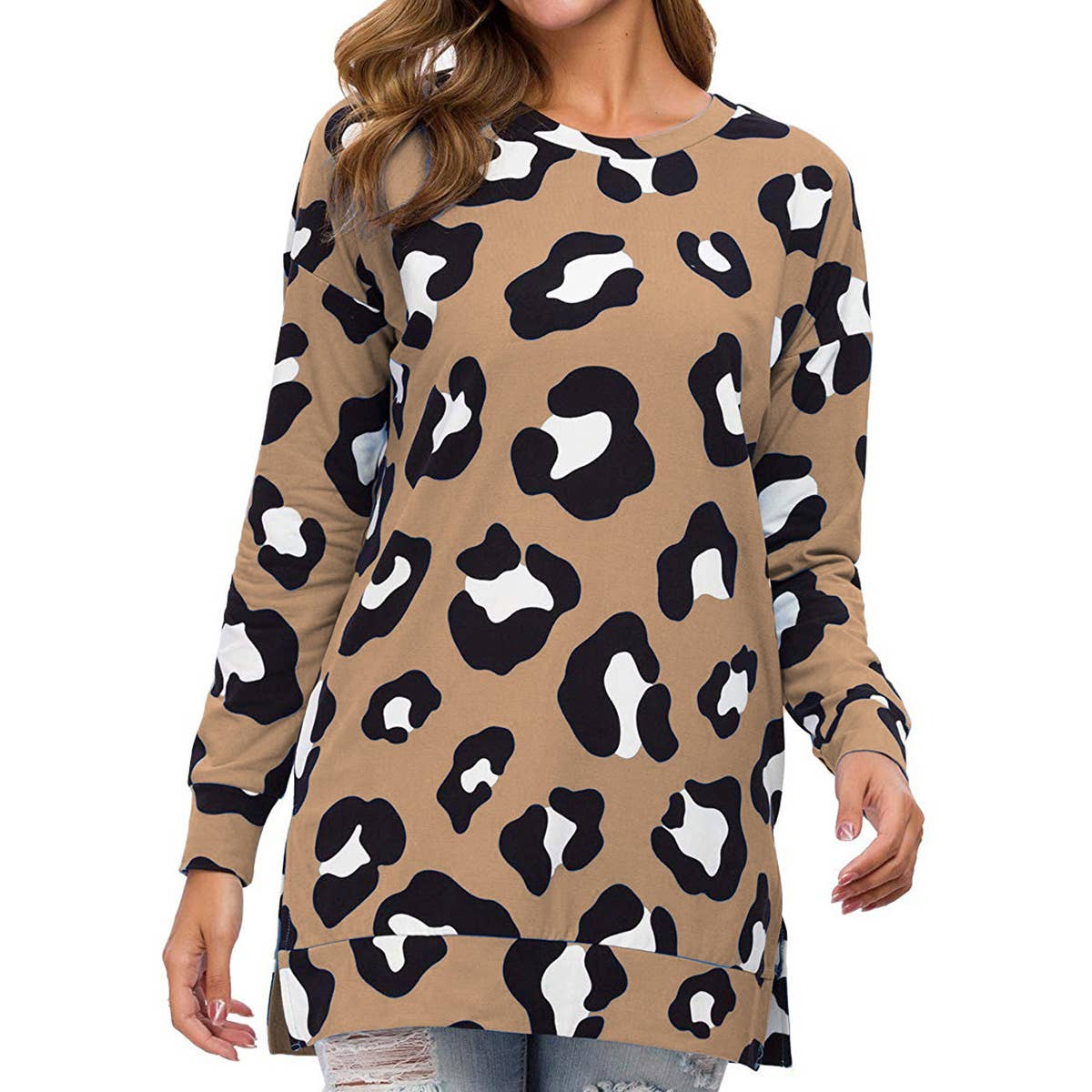 LEOPARD PRINT CREW NECK LOOSE PULLOVER T-SHIRT