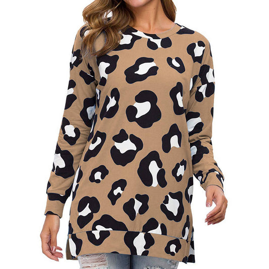 LEOPARD PRINT CREW NECK LOOSE PULLOVER T-SHIRT