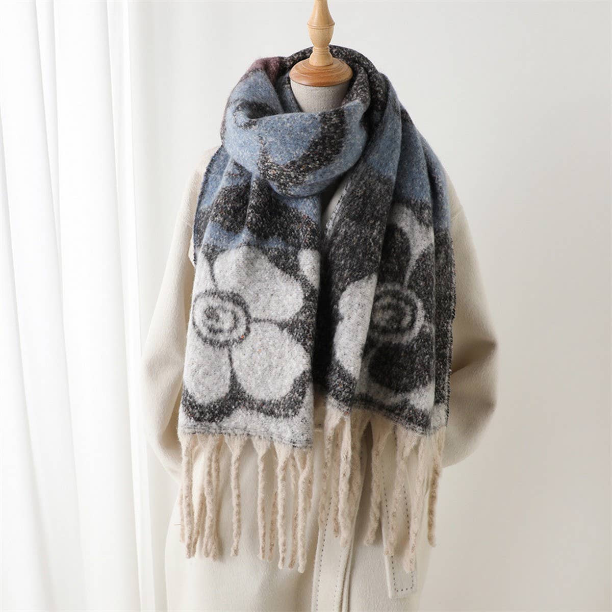 Vintage-Inspired Floral Wrap Scarf with Fringe