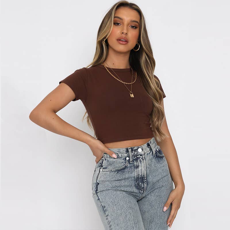 Solid color short crop stretch slim-fit T-shirt