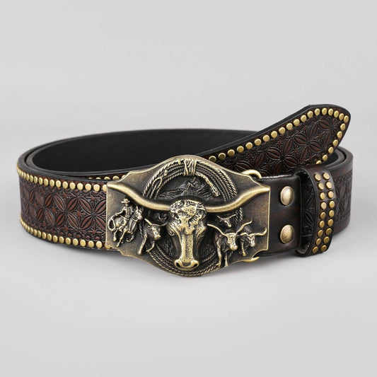 WESTERN LEATHER BELT WITH BULL HEAD BUCKLE RIVET _CWABE0415